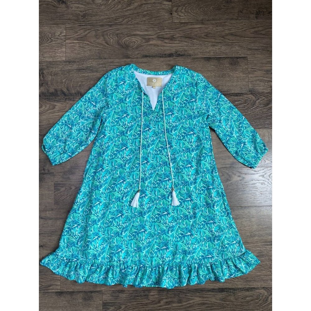 EUC Womens Lauren James 3/4 sleeve palm leaves tassle ruffle‎ dress SZ S